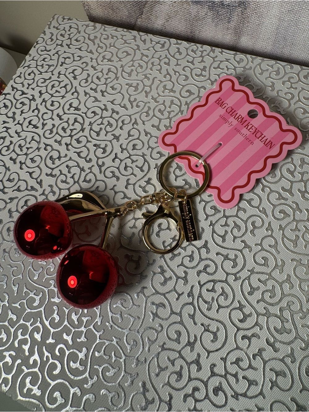 Simply Southern Pink Cherry Bag Chain Keychain with Gold Hardware NWT